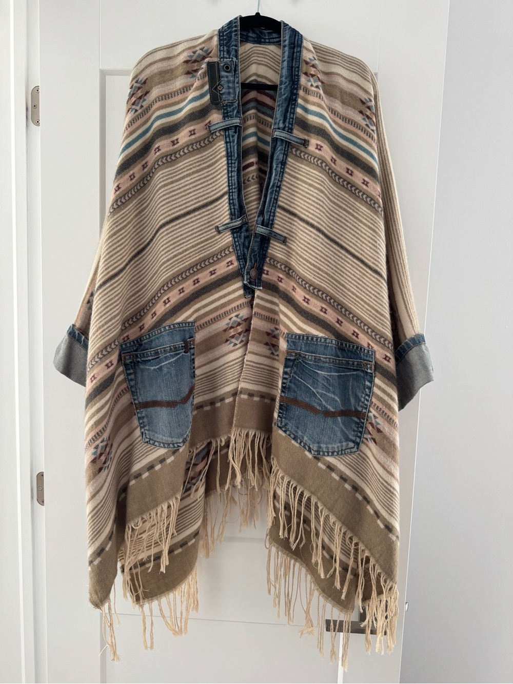 Upcycled Boho Fringe Cardigan with Denim Trim - One Size